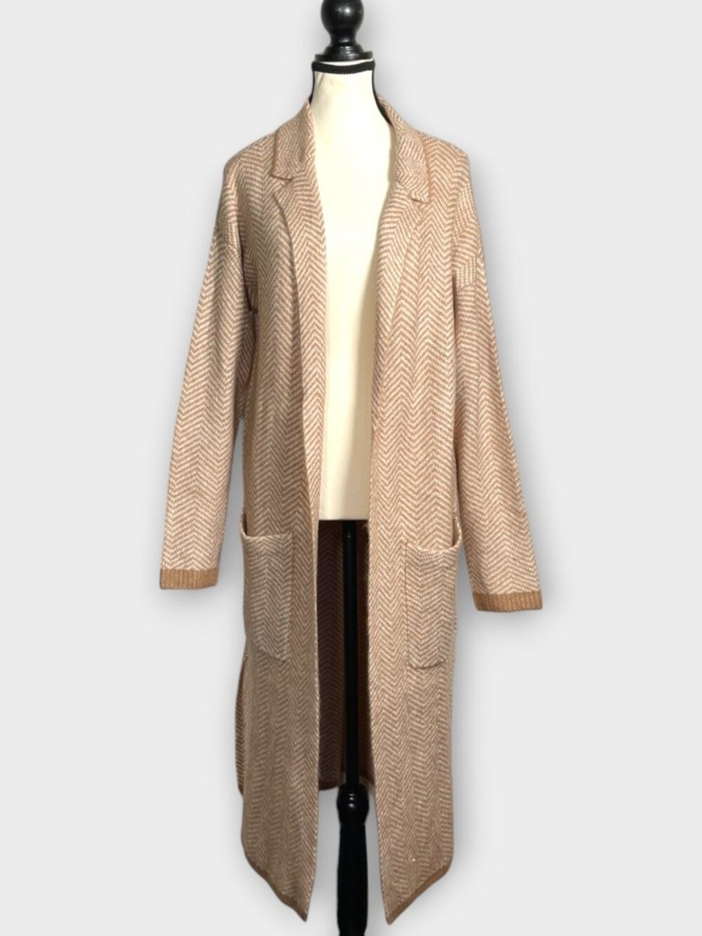 Abercrombie & Fitch Long Duster Open Cardigan M Herringbone Pockets Tan NEW